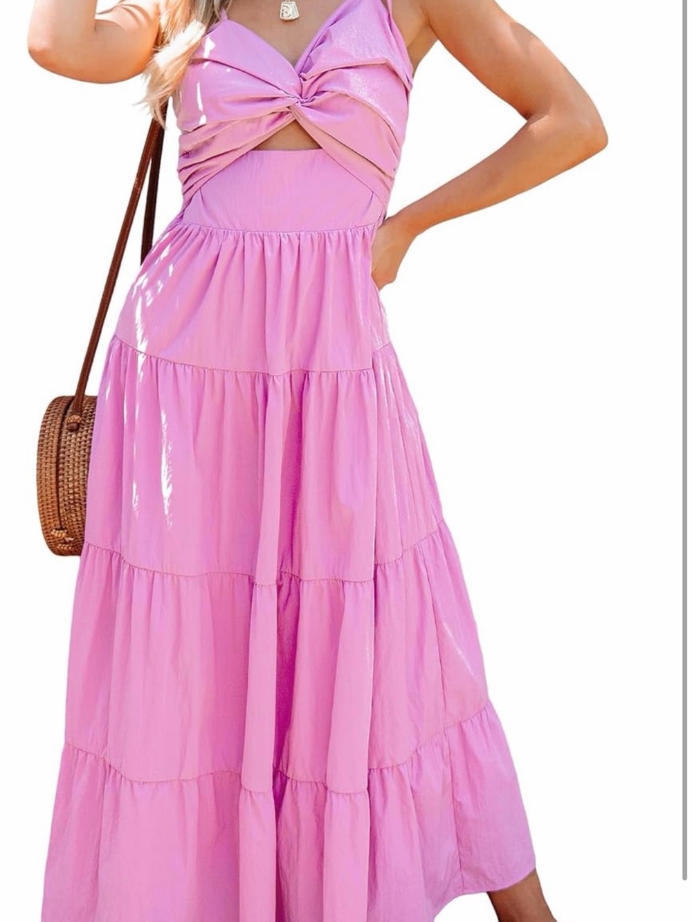 Sleeveless Pink Tiered Maxi Dress with Twist Front